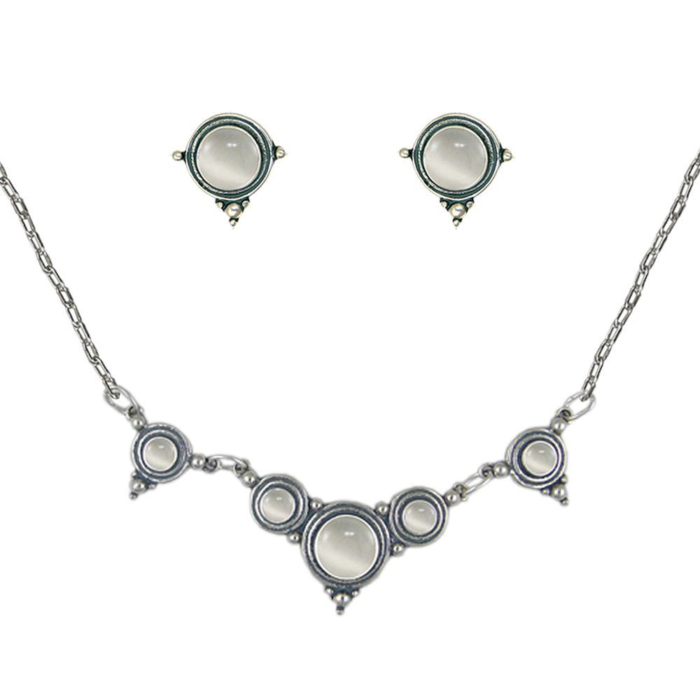 Sterling Silver Designer Necklace Earrings Set in White Moonstone